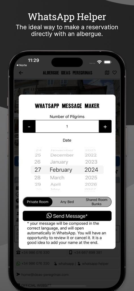 Wise Pilgrim app WhatsApp message maker for albergue reservations