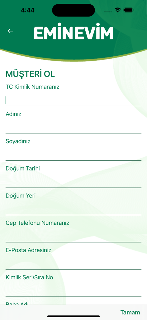 Eminevim mobile app registration screen with personal information fields in Turkish