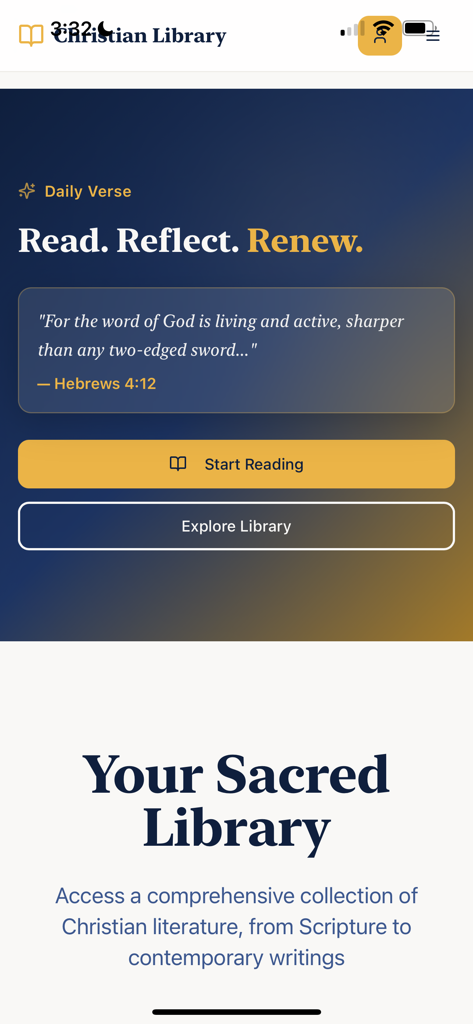 Christian Book Library - Christian Book Library app interface showing a daily bible verse and reading options.