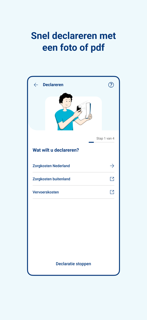 Mobile app screen for submitting insurance claims with options for healthcare and travel costs