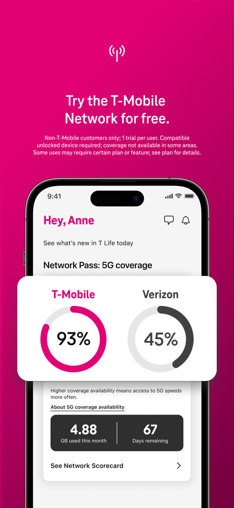 T-Life app screen promoting a free T-Mobile network trial with 5G coverage comparison charts against Verizon.