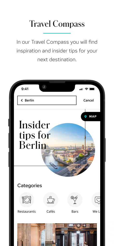Motel One App Reisekompass-Bildschirm mit Insider-Tipps für Berlin und lokalen Kategorien