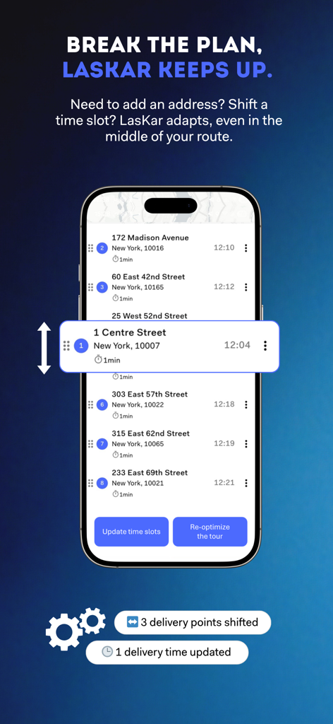 Laskar Route Planner - Laskar Route Planner app interface showing a user adjusting stop order and re-optimizing a delivery route in real time.