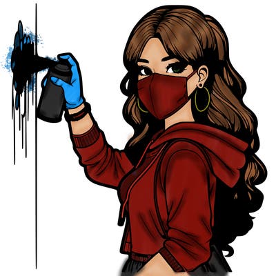 realistic girl with mask spray painting a wall