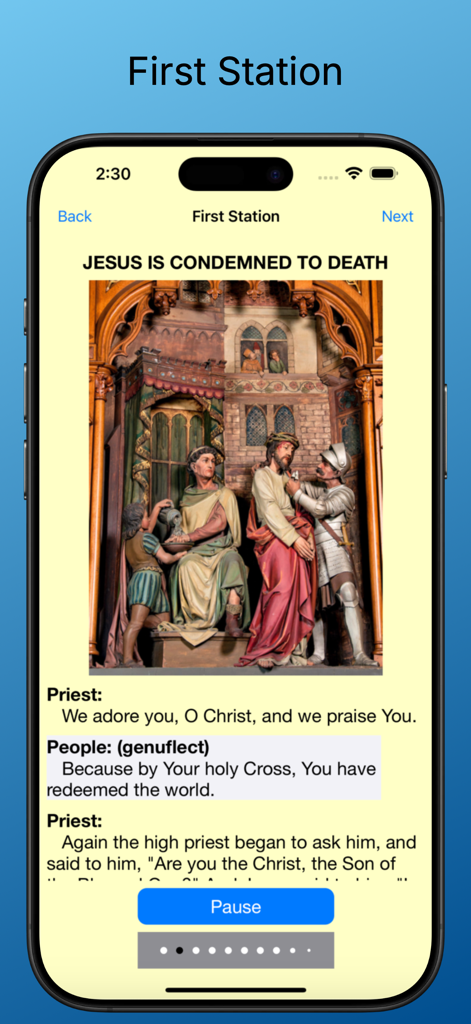 Scriptural Stations - English - Interfaz de la aplicación móvil que muestra la Primera Estación de la Cruz con una ilustración de Jesús condenado a muerte y texto de oración litúrgica.