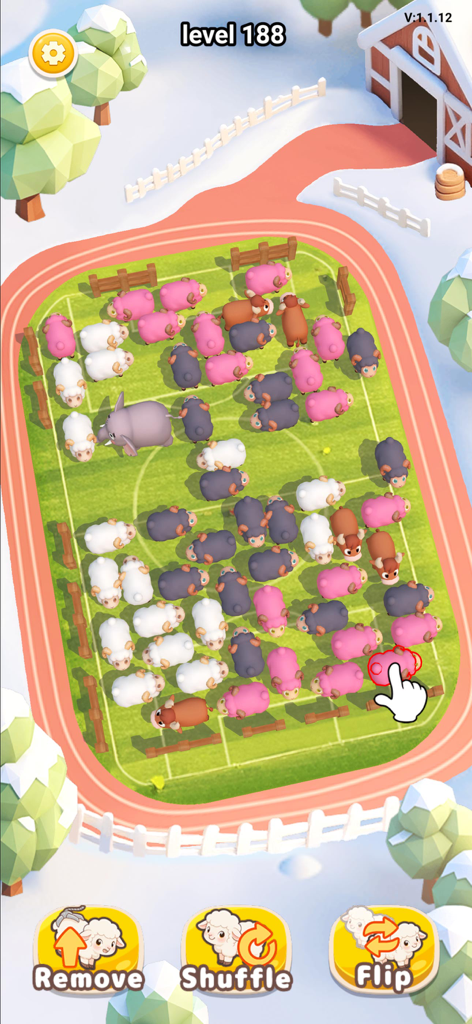 Sheep Away -Farm Animal Escape - Jugabilidad de Sheep Away mostrando animales 3D coloridos en un nivel de rompecabezas de granja.