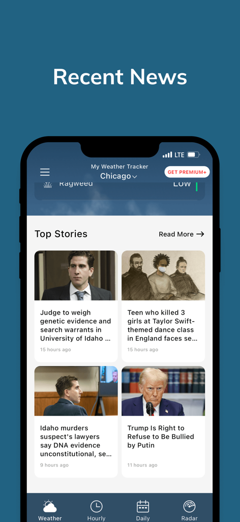 My Weather Tracker & Alerts - Recent news section in My Weather Tracker app showing top stories and headlines