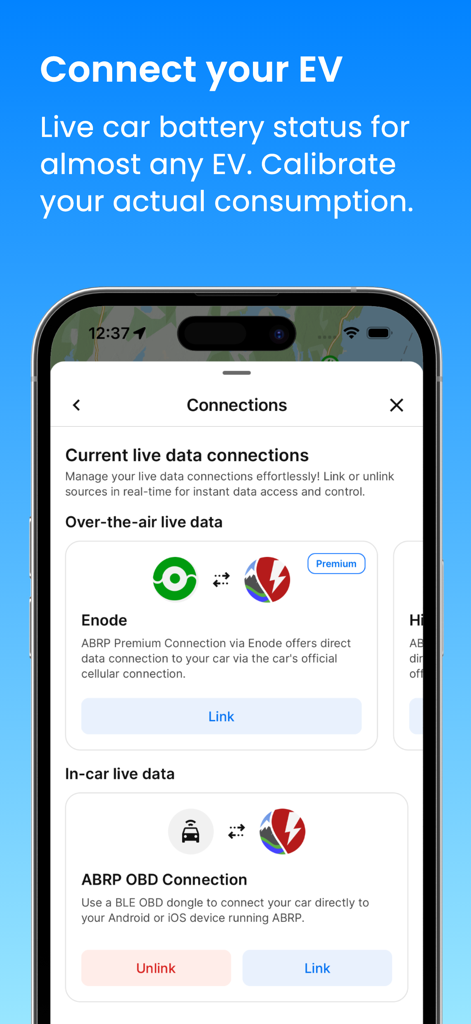 ABRP app interface for connecting live electric vehicle battery data