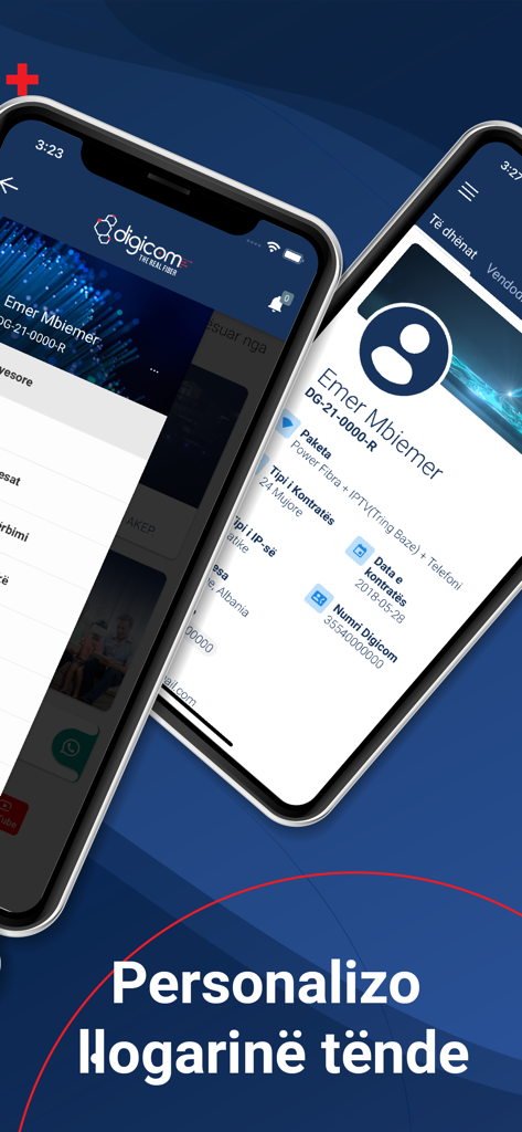 Digicom UP - Pantalla de la aplicación móvil Digicom UP que muestra el perfil del usuario y los detalles del contrato en albanés
