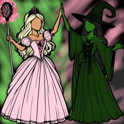 detailed realistic split of a princess and a witch
