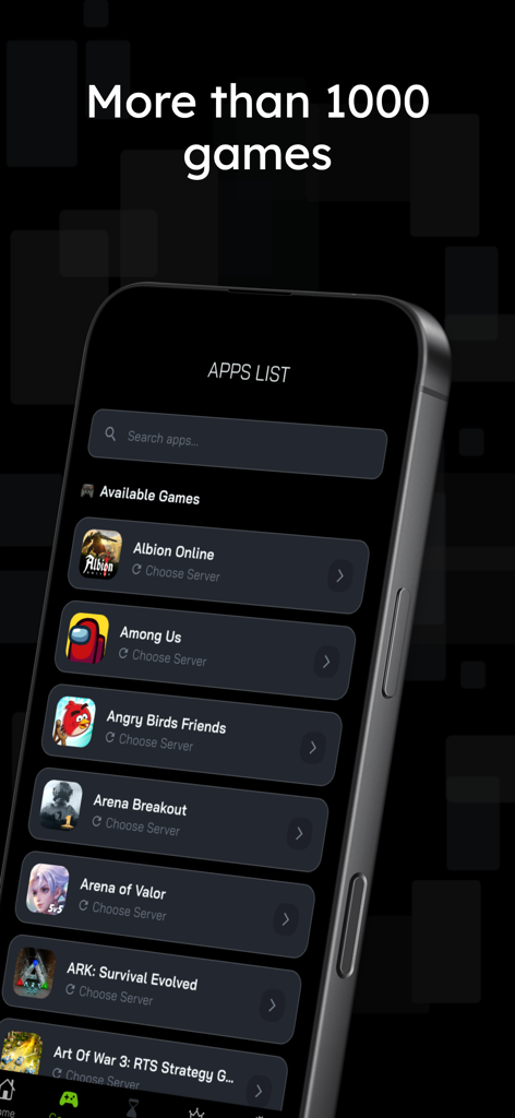 Screenshot of the NoPing app showing a list of over 1000 supported mobile games for latency optimization