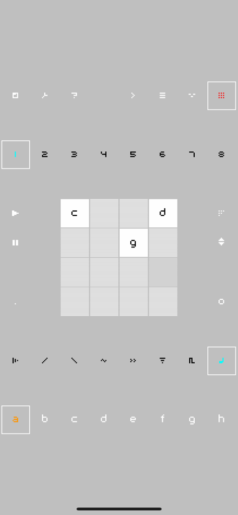 nanoloop - Nanoloop mobile app interface featuring a minimalist 4x4 step sequencer grid and pixelated music production icons on a gray background