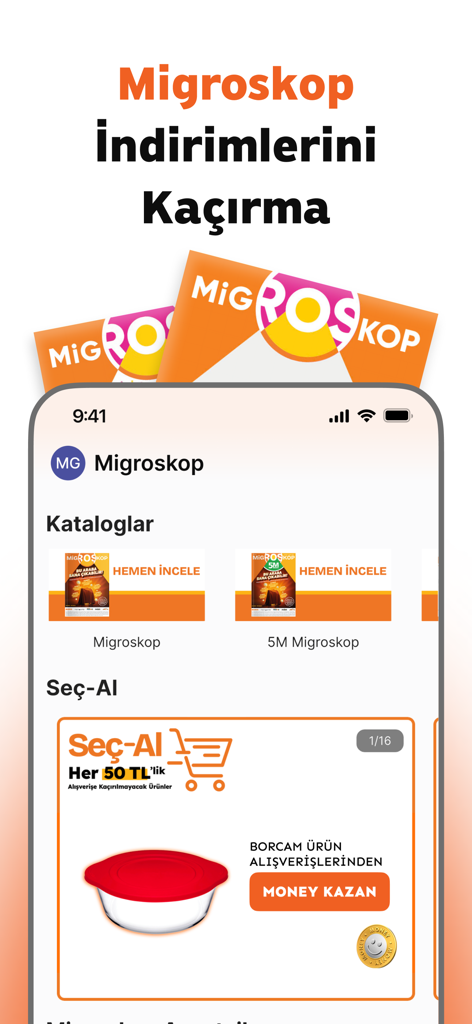 Smartphone screen showing Migroskop digital shopping catalogs and special product offers in the Money app.