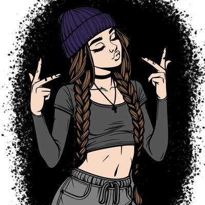 realistic teenage girl with braids and a beanie and crop top doing 🫶🏼