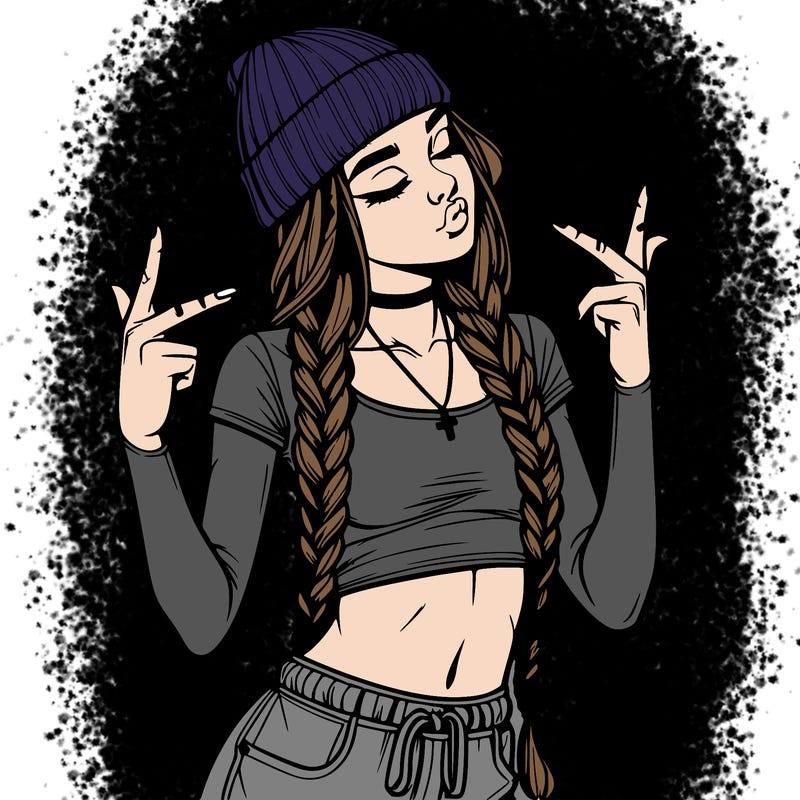 realistic teenage girl with braids and a beanie and crop top doing 🫶🏼