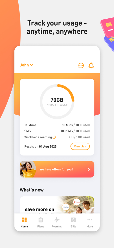 Dashboard of the My M1 plus app showing mobile data and talktime usage tracking