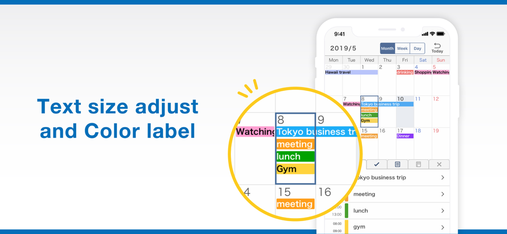 Smart Planner app screen showing text size adjustment and color coded labels in the calendar