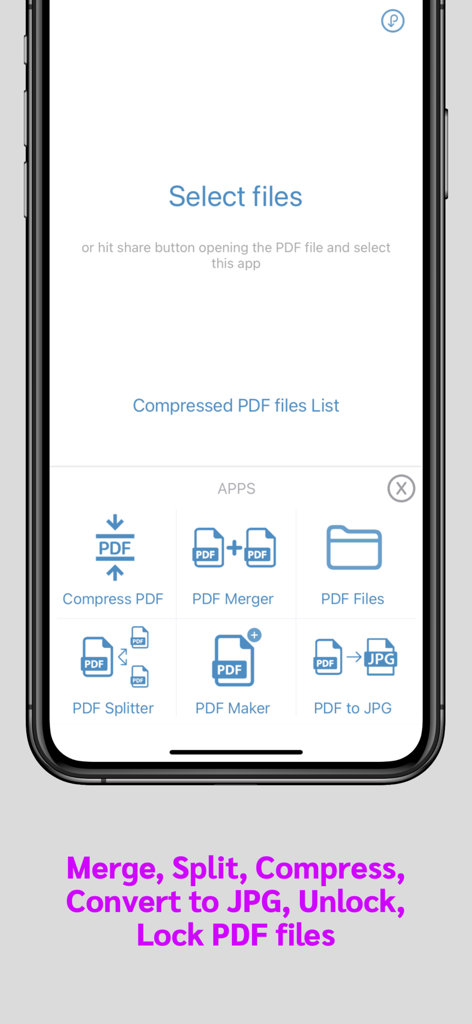 pdf compressor & compress pdf - A mobile interface for a PDF management app showing tools for compressing, merging, splitting, and converting PDF files.