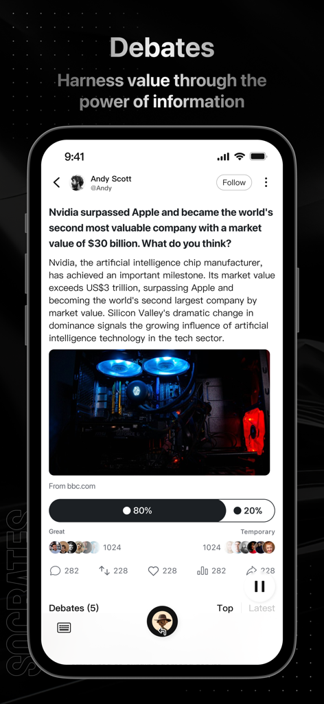 Socrates - Captura de pantalla de la interfaz de la aplicación Sócrates que muestra un debate social y una encuesta sobre el valor de mercado de Nvidia.