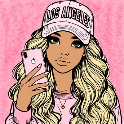 realistic beautiful girl wearing los ángeles cap holding an iphone