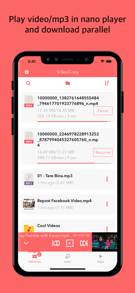 VideoCopy: Download manager - VideoCopy app interface showing multiple files downloading simultaneously and a nano video player at the bottom