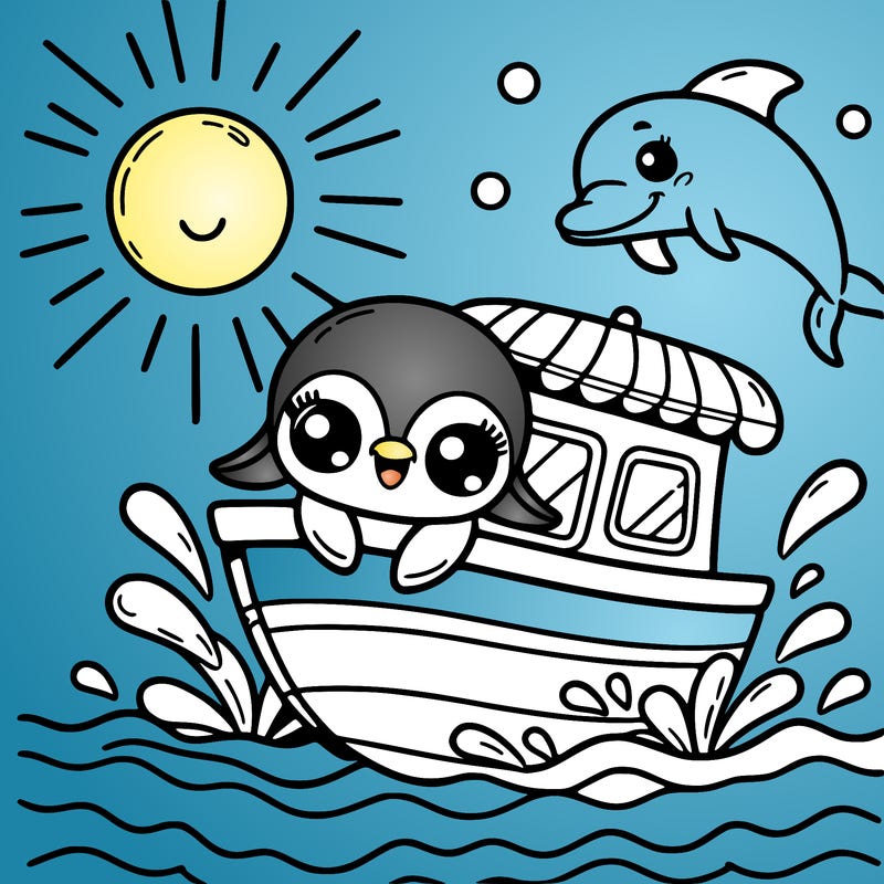 cute boat, 2 eyes shades dolphin jumping , sea, waves sun