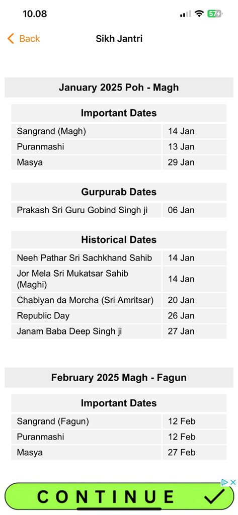 Sikh World - Sikh Jantri calendar displaying religious and historical dates for January and February 2025