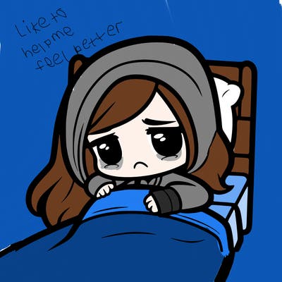 a 12 year old girl in her bed all sick with long hair and a hoodie on