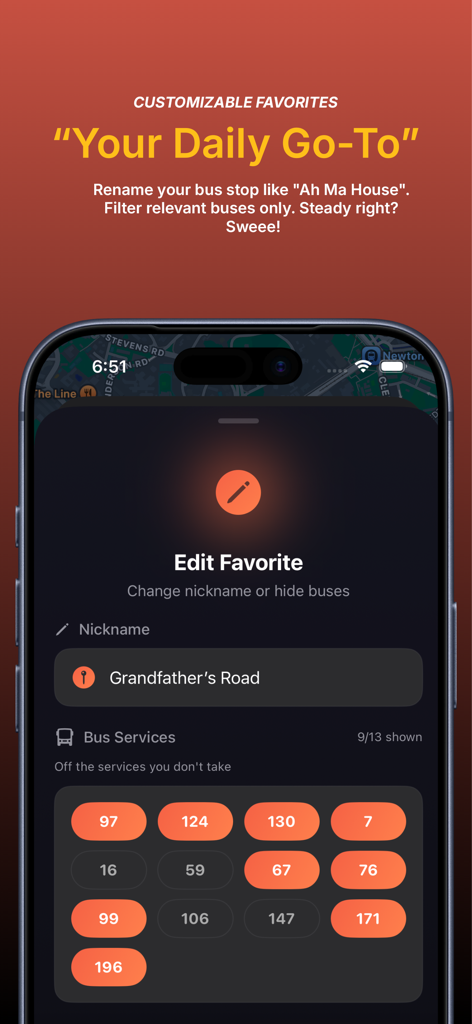 JioLah! SG Bus & Trains - Mobile app screen showing options to rename bus stops and filter bus routes in JioLah SG Bus and Trains