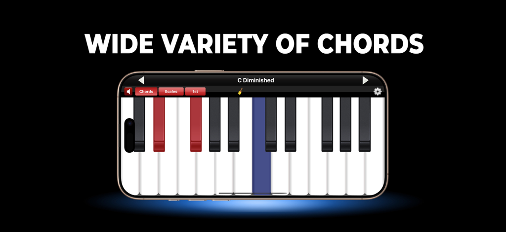 Piano Chords & Scales - A smartphone screen showing the Piano Chords and Scales app displaying a C diminished chord on a virtual keyboard