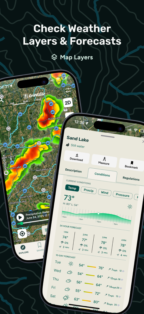 Fishing weather radar and 10-day forecast displayed on a mobile device.
