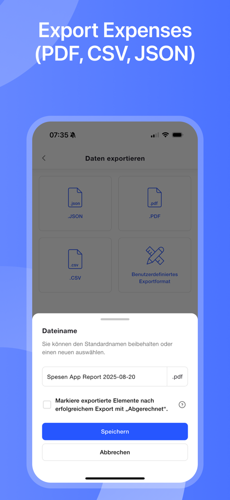 Easy Travel Expenses - Ein mobiler App-Bildschirm, der Optionen zum Exportieren von Spesenabrechnungen als PDF-, CSV- und JSON-Dateien zeigt.
