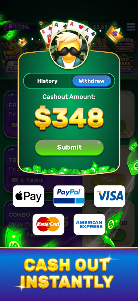 Solitaire Royale app screen showing a 348 dollar cash out amount with payment options like PayPal and Apple Pay