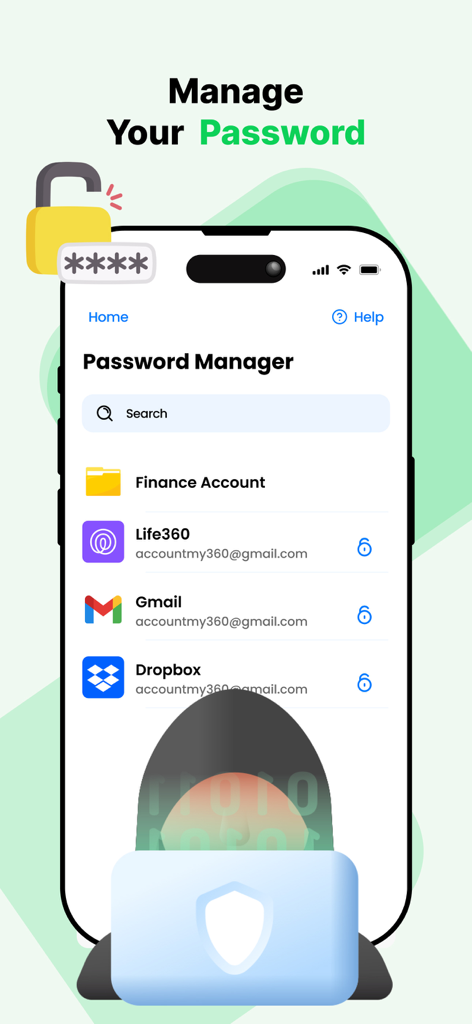 Tela de smartphone exibindo o recurso de gerenciador de senhas com uma lista de contas seguras como Gmail e Dropbox