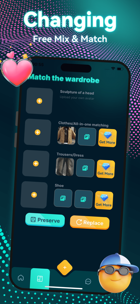 Outfy App-Oberfläche für das Abgleichen und Auswählen von Avatar-Kleidung und Accessoires.