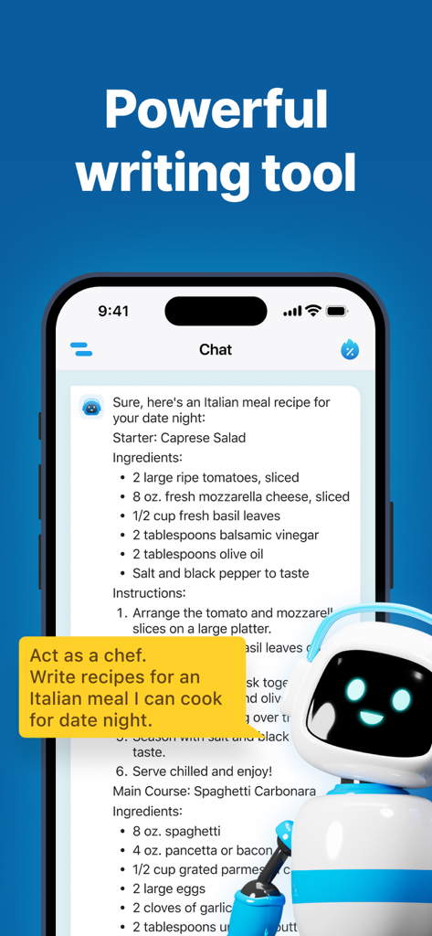 Una captura de pantalla de la interfaz de la aplicación ChatAI Assistant que muestra una receta de comida italiana generada por la herramienta de escritura de IA.