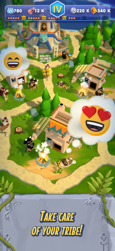 Rise of Empire: Idle Tycoon - Top down view of a prehistoric village with happy villagers and resource indicators in Rise of Empire Idle Tycoon