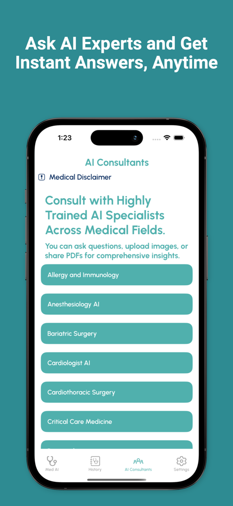MedAI: Pro AI Doctor Assistant - MedAI mobile app interface displaying a list of specialized AI medical consultants.