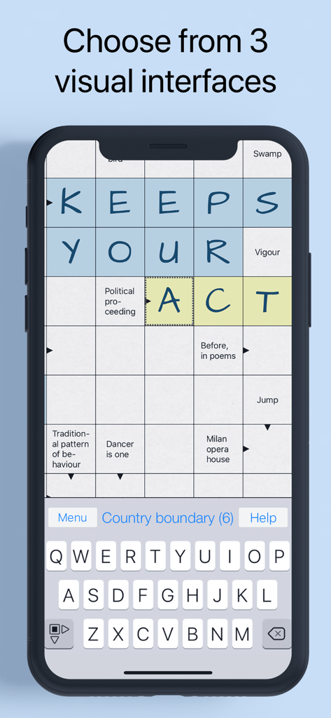 Crossword. A smart puzzle game - Mobile phone screen displaying an arrow words puzzle with the headline Choose from 3 visual interfaces