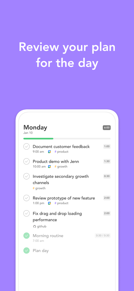 Pantalla de la aplicación Sunsama que muestra una lista de tareas diarias con estimaciones de tiempo