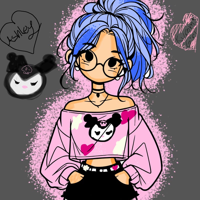 girl with a messy ponytail glasses a baggy crop top and jean shorts