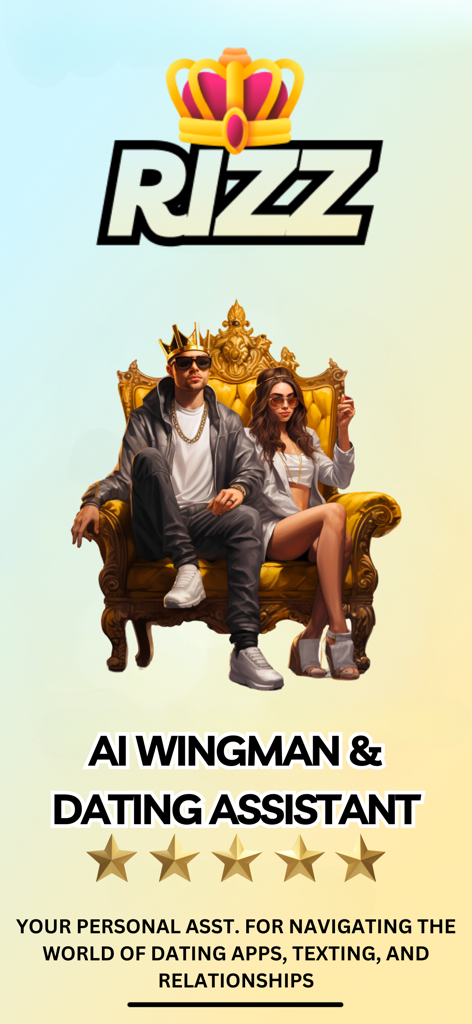 Rizz AI - Dating Wingman Plug - Una coppia elegante seduta su un trono dorato sotto il logo Rizz AI e il titolo AI Wingman e Dating Assistant.