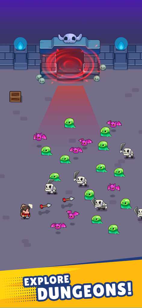 A character fighting monsters like green slimes, purple bats, and skeletons in a dungeon in the game Pocket Land.
