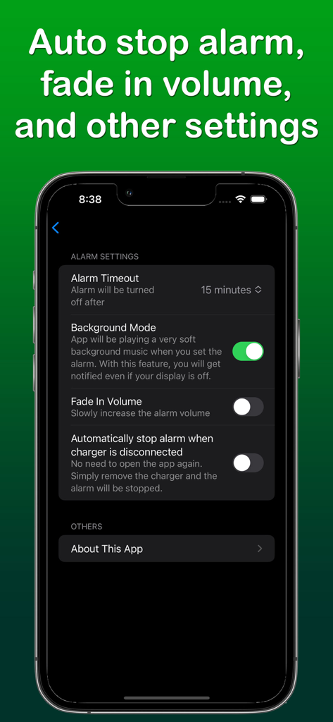 Battery Alarm - Charge Alert - iPhone screen displaying the alarm settings for the Battery Alarm app including fade in volume and auto stop options