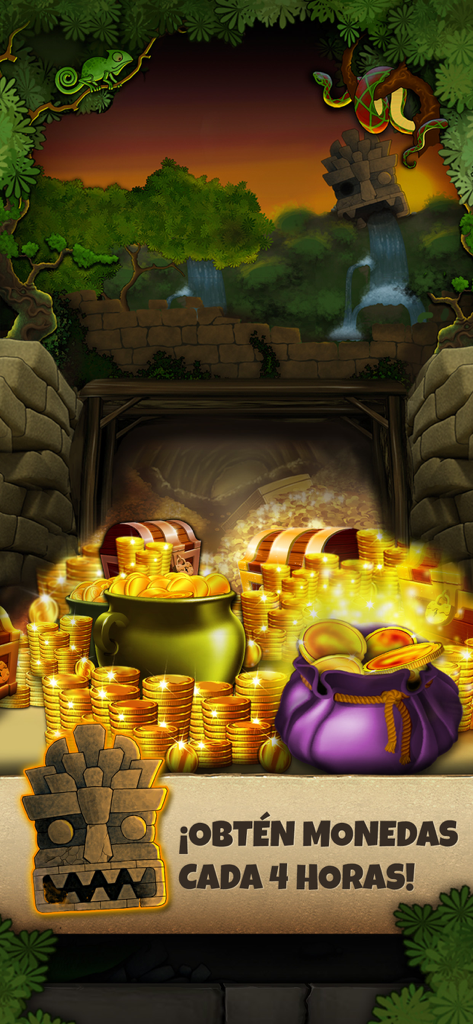 Treasure chests and piles of gold coins in a jungle ruins setting with a 4 hour bonus message.