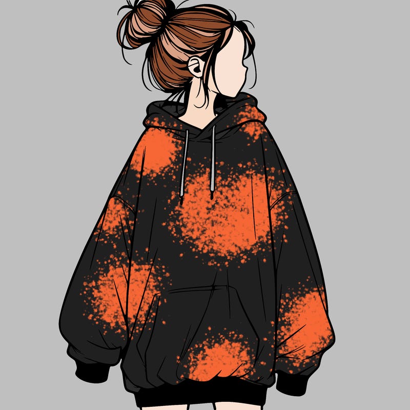 realistic girl with a oversized sweatshirt on and a bun