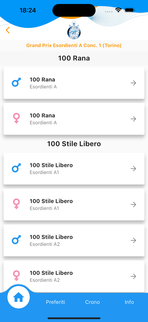 SwimAT - SwimAT mobile app screen showing a list of competitive swimming race events categorized by stroke gender and age group