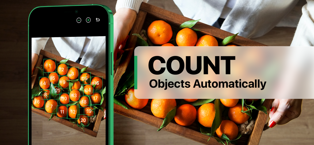 Count This - Counting App - A smartphone using the Count This app to automatically count oranges in a wooden crate.