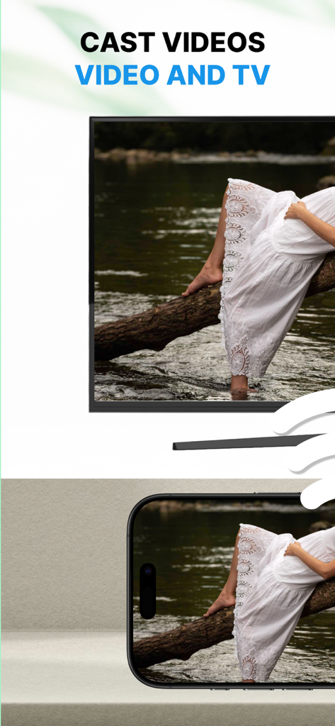 Screen Mirroring TV Cast+ - An iPhone screen mirroring a video of a person by a river onto a large smart TV