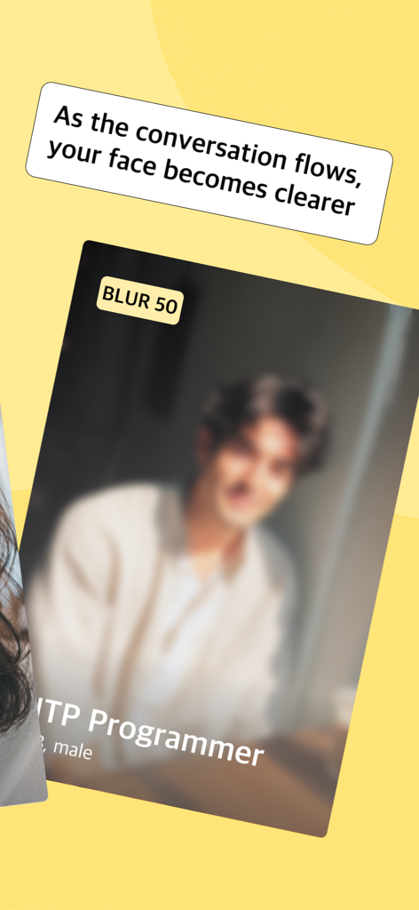 Blurry 앱의 흐릿한 사용자 프로필 카드로 점진적인 사진 공개 기능이 표시됩니다.